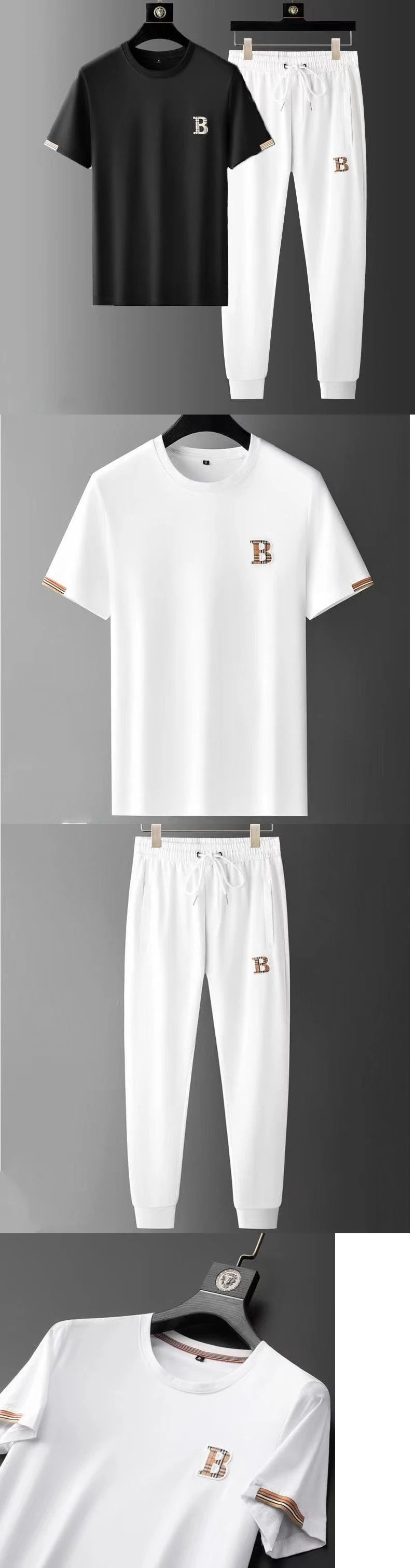 Design B Logo Embroidered White T-Shirt and Black Drawstring Sweatpants Set - 5