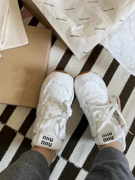 Miu Miu Distressed Knit Sneakers White - 1