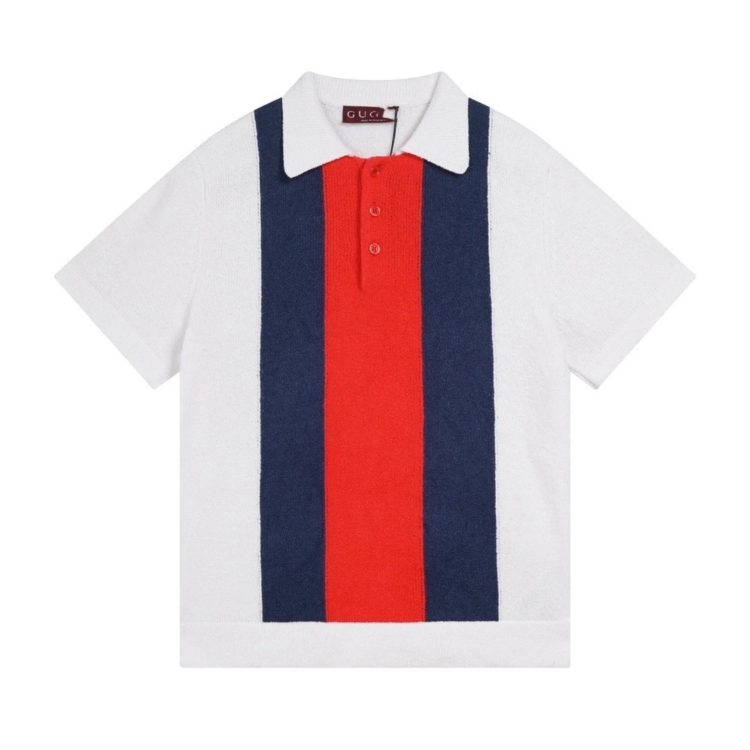 Gucci GUC Striped Knit Polo Navy and White Polo Shirt - 5