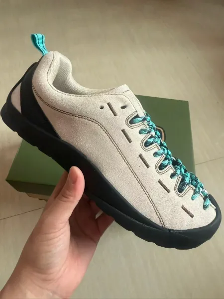 Design Suede Lace-Up Slip-On Sneaker Beige with Turquoise Laces - 1