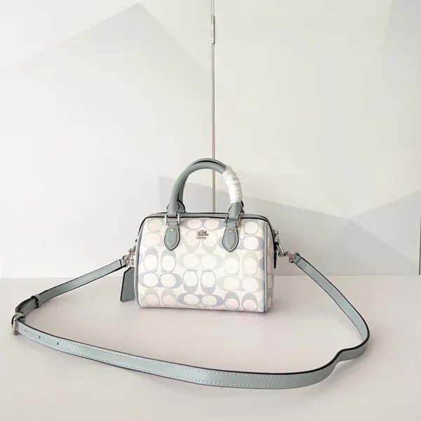 Coach Mini Boston Bag Denim Blue Signature Print Handbag - 8