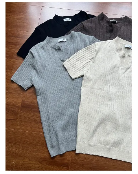 Design Ribbed Knit T-Shirt with Mandarin Collar Black - 10