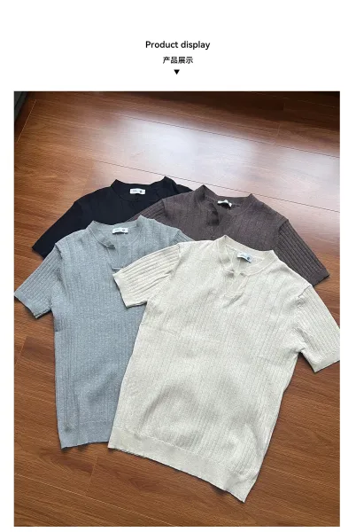 Design Ribbed Knit T-Shirt with Mandarin Collar Black - 9