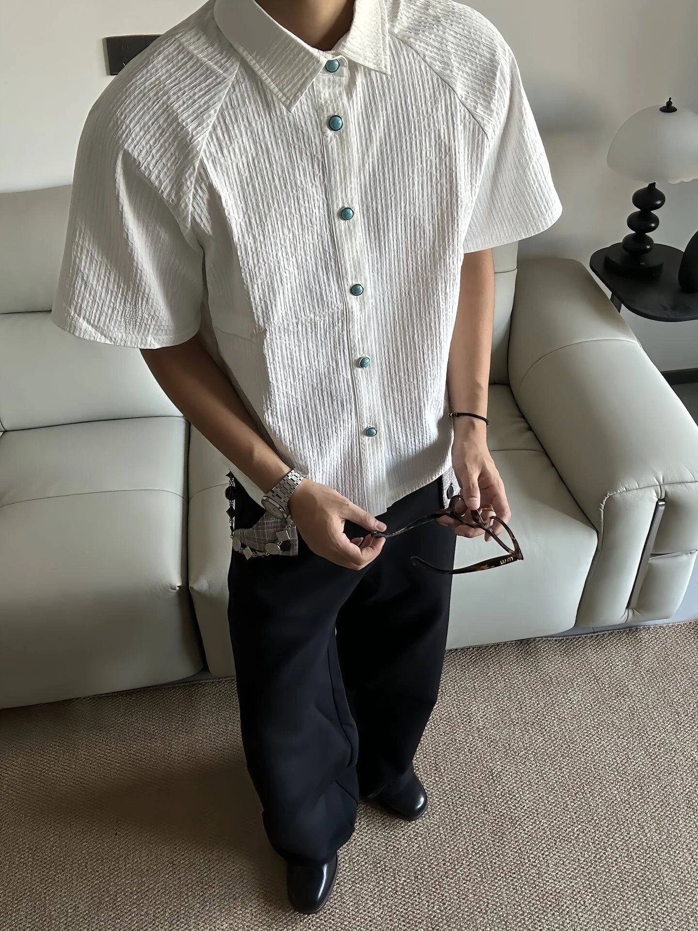 Design Short-Sleeve Textured Shirt with Turquoise Buttons White - 4