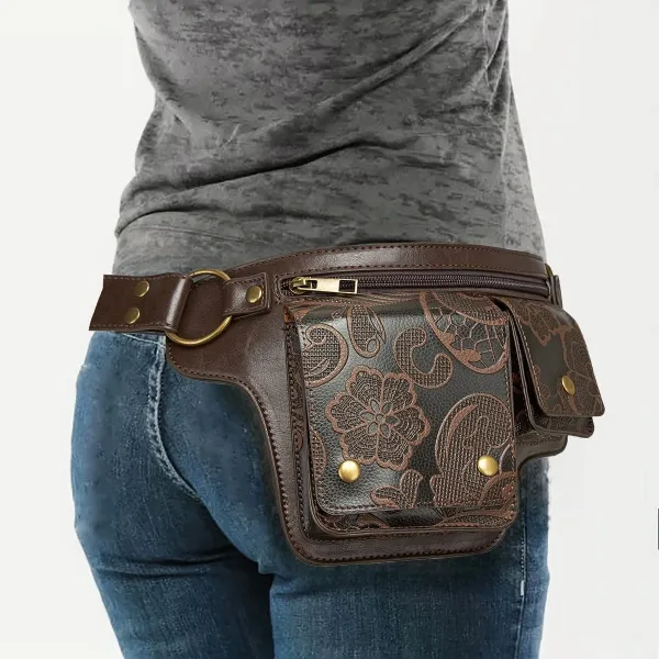 Design Embossed Floral Gray Leather Belt Bag - 37