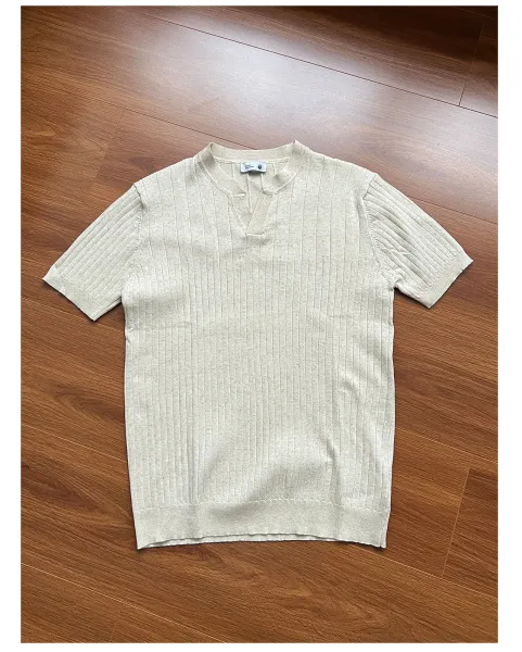 Design Ribbed Knit T-Shirt with Mandarin Collar Black - 11