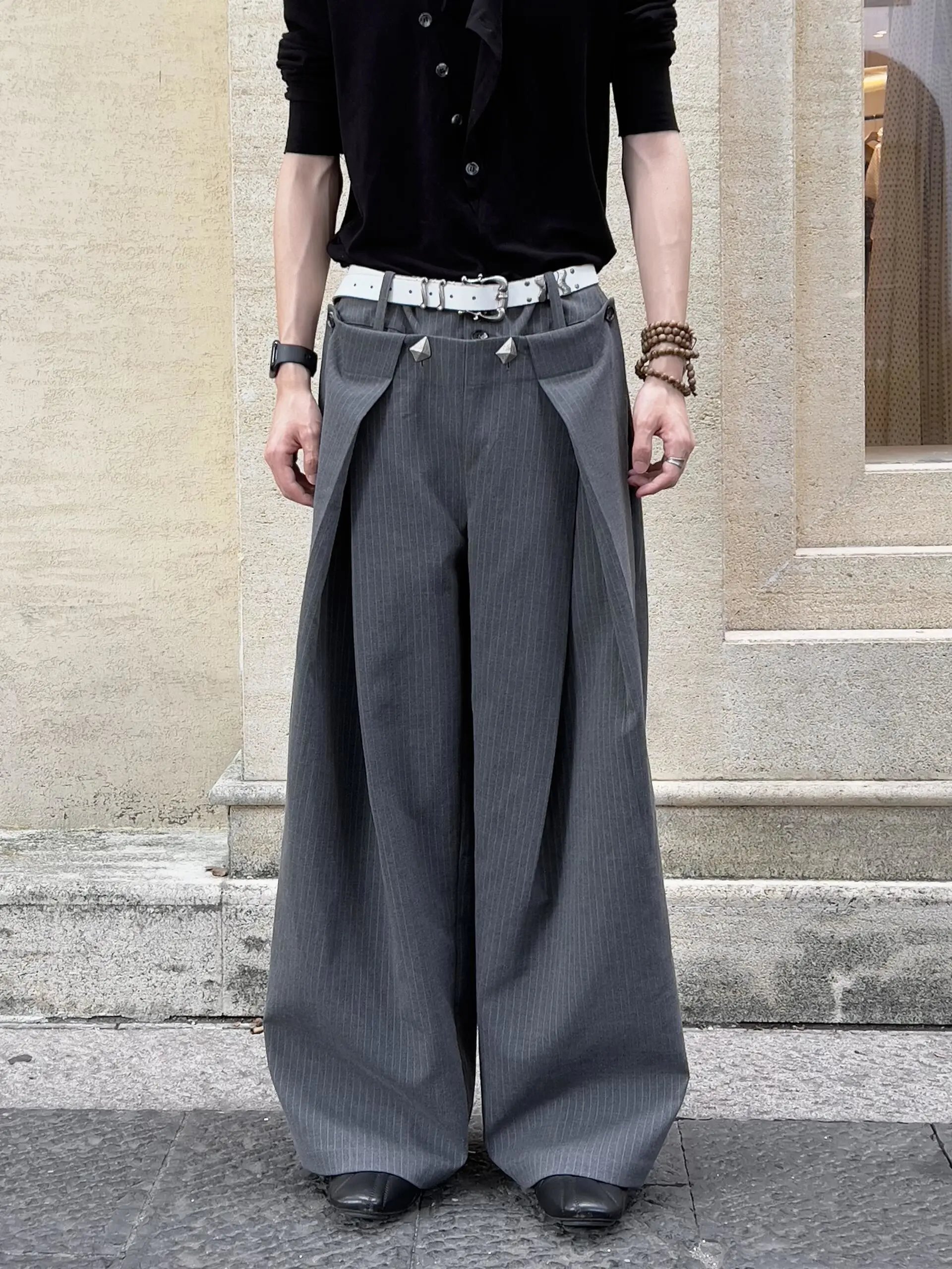Design Wide-Leg Pinstripe Trousers with Embroidered Motif Gray Pants - 6
