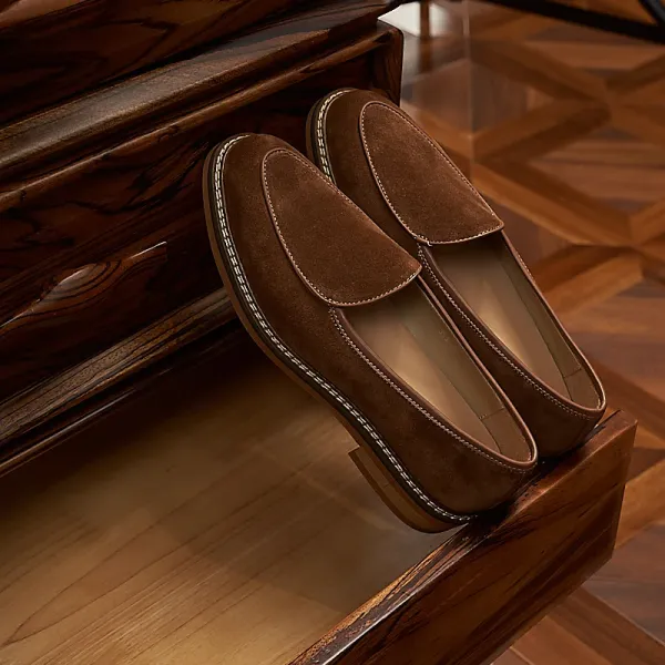 Design Suede Loafers Brown with Contrast Stitching Casual Shoes - 9