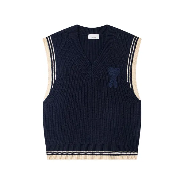 Comme des Garçons Play Knit Vest Navy Beige Heart Embroidery Vest-Top - 1