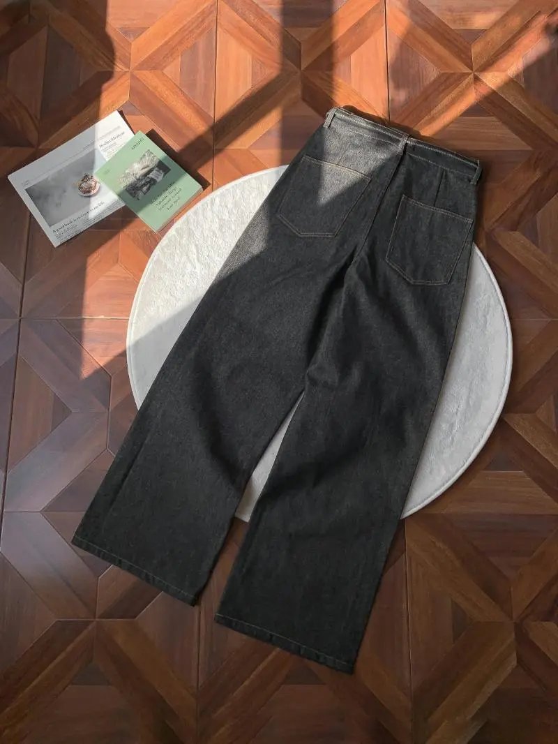 Design Wide-Leg Drawstring Waist Black Denim Jeans - 10