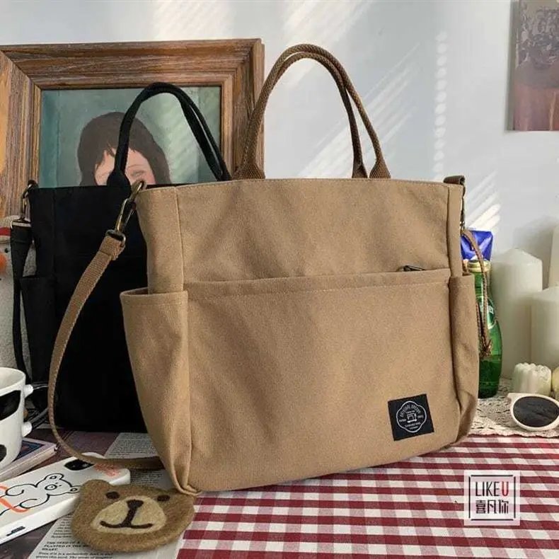 Design Canvas Tote Bag Beige with Duck Charm Handbag - 9