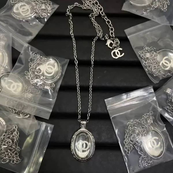 Chanel CC Logo Oval Pendant Necklace Silver Jewelry - 1