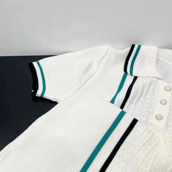 Design Knit Polo Dress with Vertical Stripes and Ruffle Hem White - 18