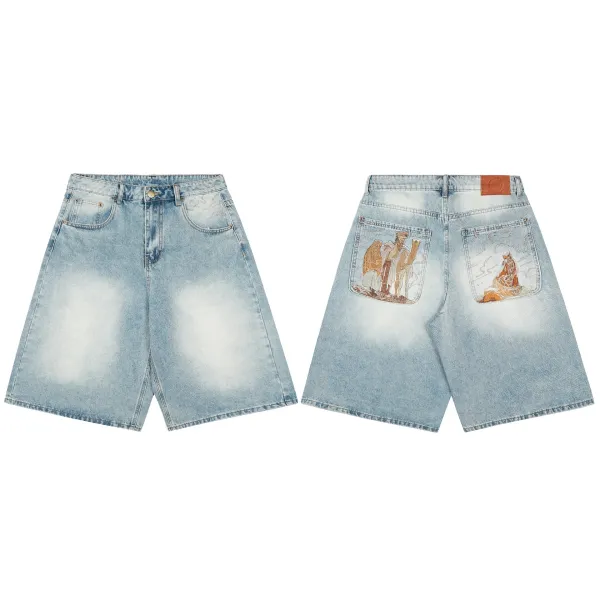 Denim Tears x Custom Embroidered Wide-Leg Denim Shorts Light Wash - 1