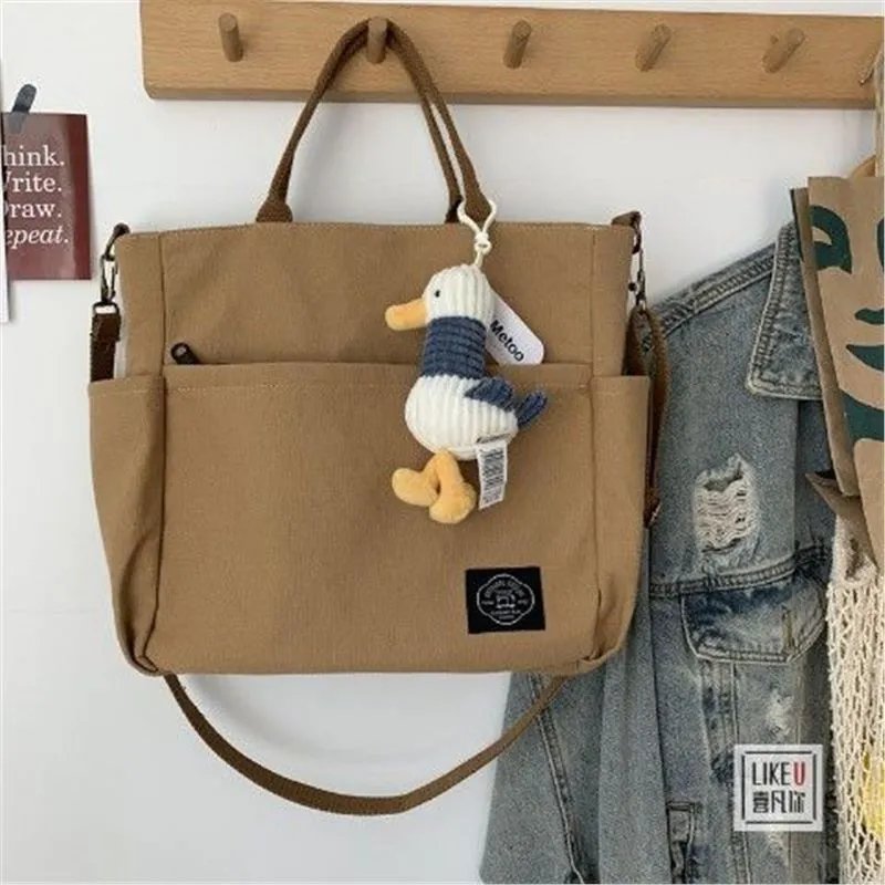 Design Canvas Tote Bag Beige with Duck Charm Handbag