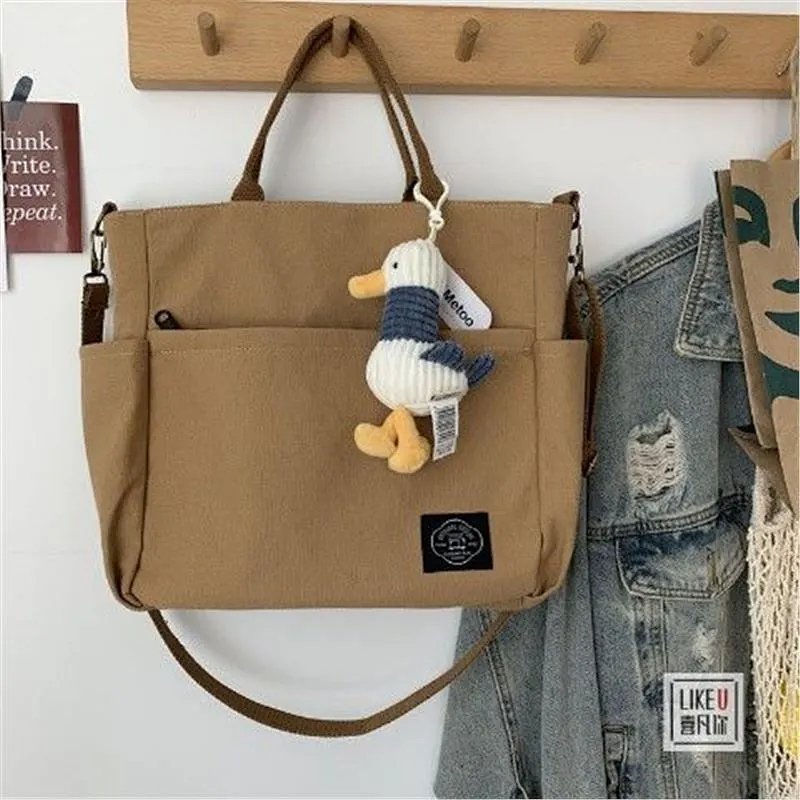 Canvas Tote Bag Beige with Duck Charm Handbag