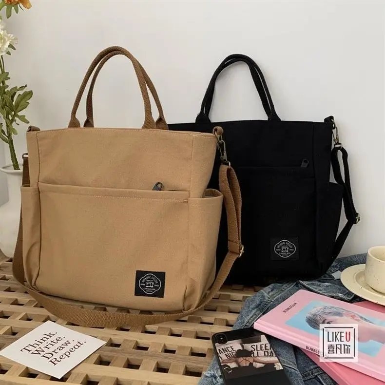 Design Canvas Tote Bag Beige with Duck Charm Handbag - 2