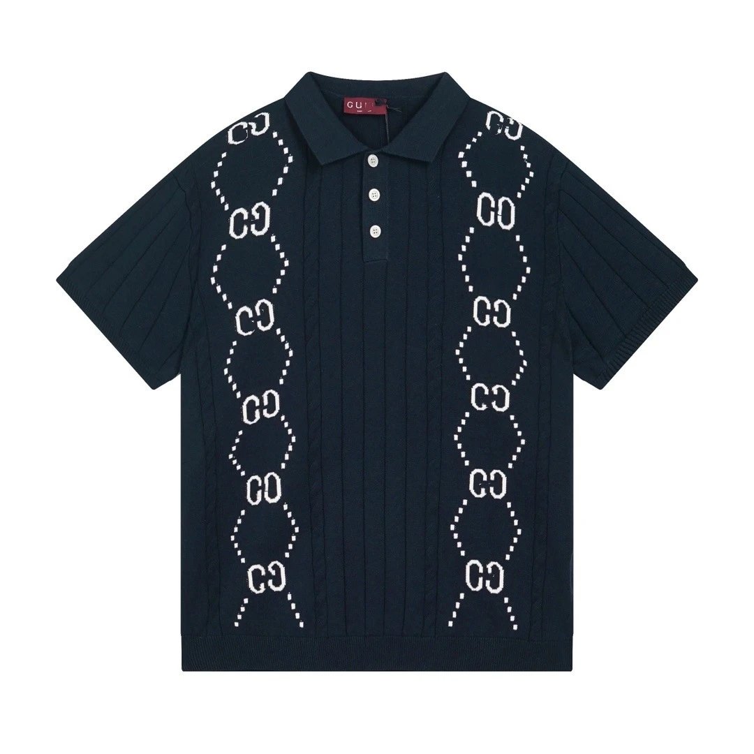 Gucci GUC Striped Knit Polo Navy and White Polo Shirt - 28