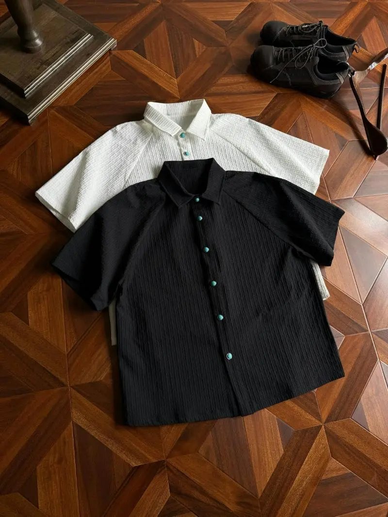 Design Short-Sleeve Textured Shirt with Turquoise Buttons White - 5