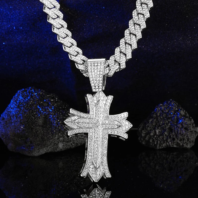 Design Gold Iced-Out Cross Pendant Necklace with Cuban Chain Jewelry - 6