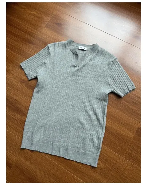Design Ribbed Knit T-Shirt with Mandarin Collar Black - 15