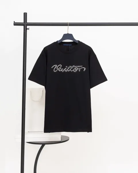 Louis Vuitton Script Logo Embellished Black T-Shirt - 1