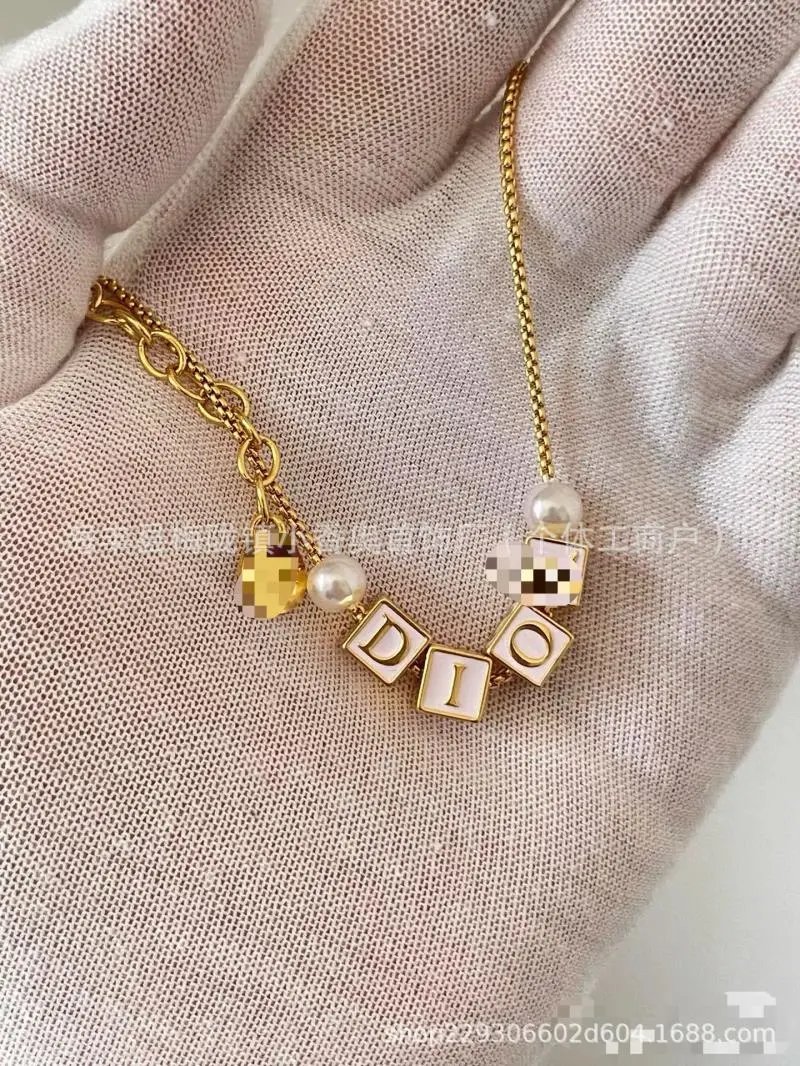 Dior Alphabet Block Necklace with Pearl Accents Gold Tone Jewelry - 3