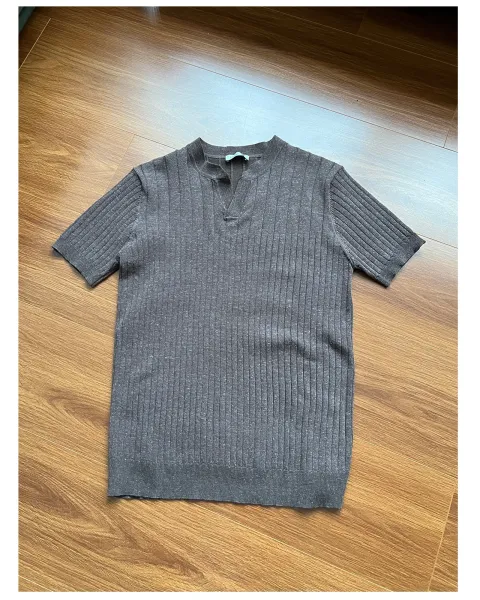 Design Ribbed Knit T-Shirt with Mandarin Collar Black - 14
