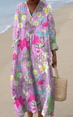 Design Leaf Print V-Neck Midi Dress Blue - 7