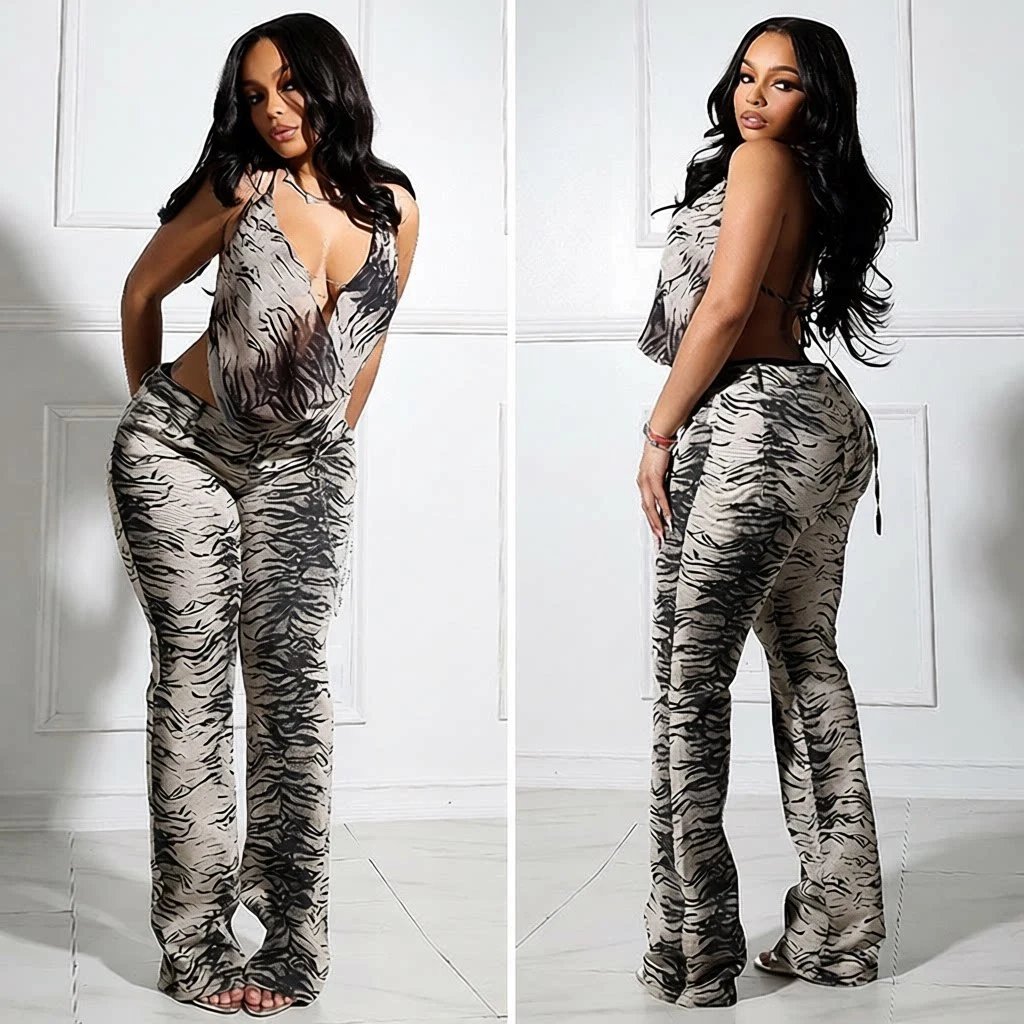 Design Snake Print Halter Neck Bodysuit and Flared Pants Set Multicolor - 3