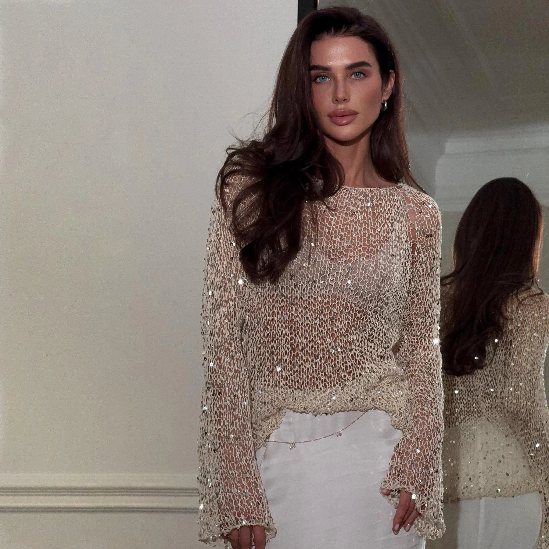 Design Crochet Sequin Top in Ivory - 4