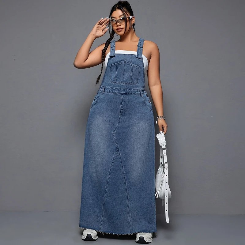 Design Denim Overalls Maxi Dress in Medium Wash Blue Dress - 6
