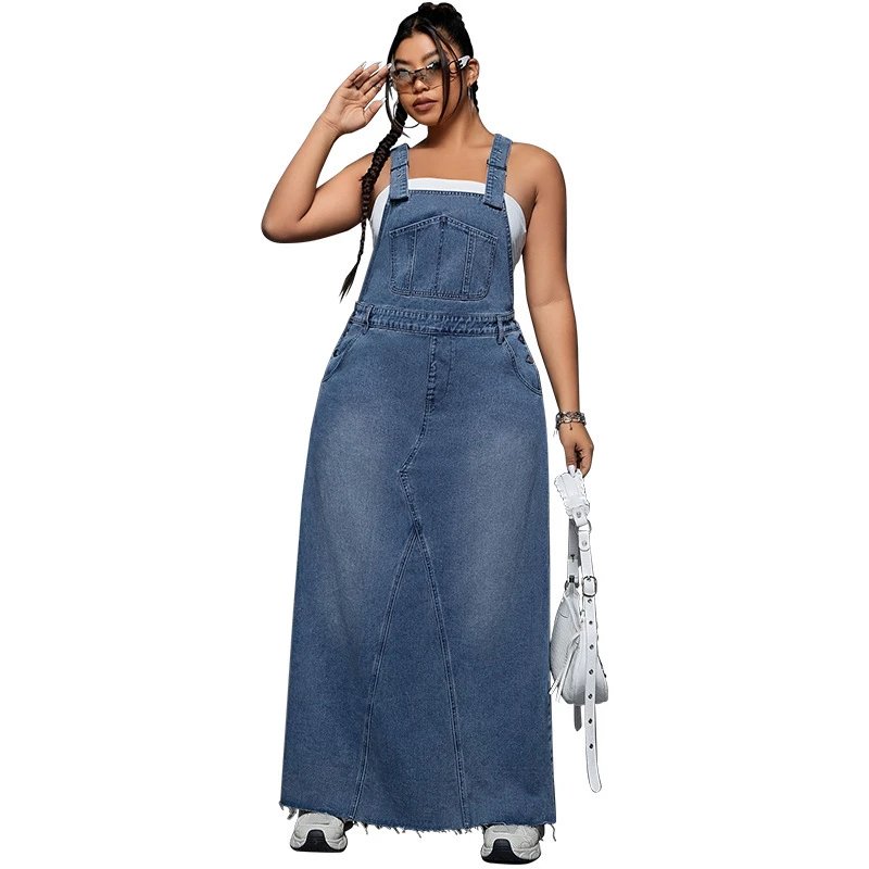 Design Denim Overalls Maxi Dress in Medium Wash Blue Dress - 14