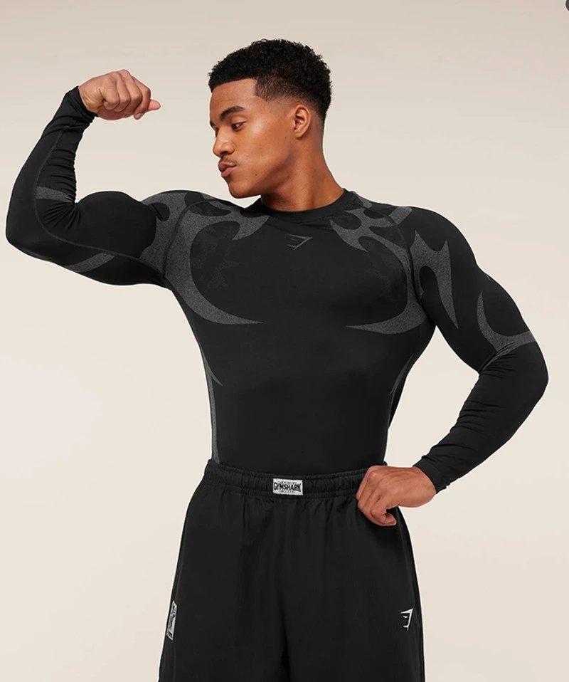 Gymshark Flame Print Long Sleeve Base Layer Gray Red - 20