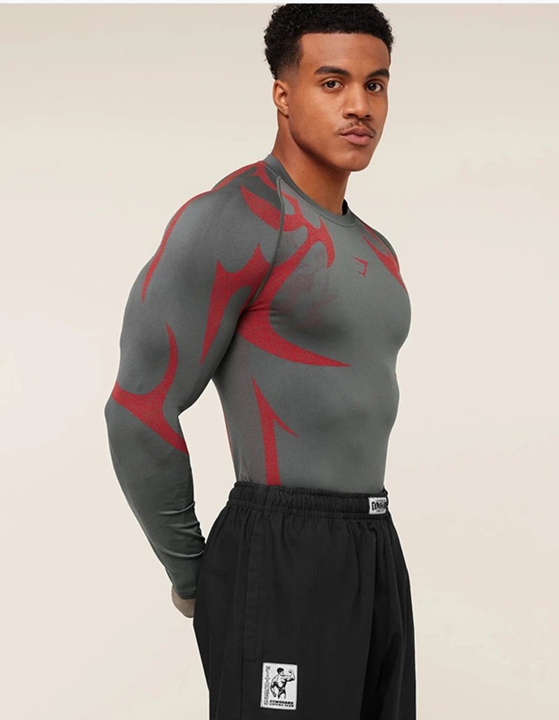 Gymshark Flame Print Long Sleeve Base Layer Gray Red - 26