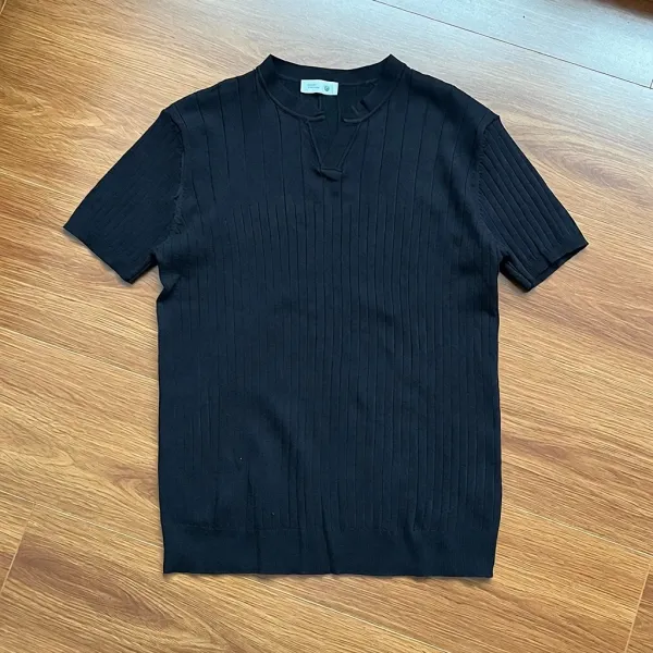 Design Ribbed Knit T-Shirt with Mandarin Collar Black - 1