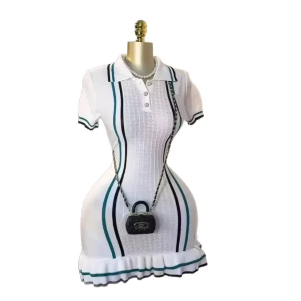 Design Knit Polo Dress with Vertical Stripes and Ruffle Hem White - 1