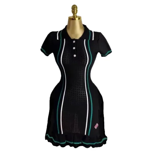 Design Knit Polo Dress with Vertical Stripes and Ruffle Hem White - 13