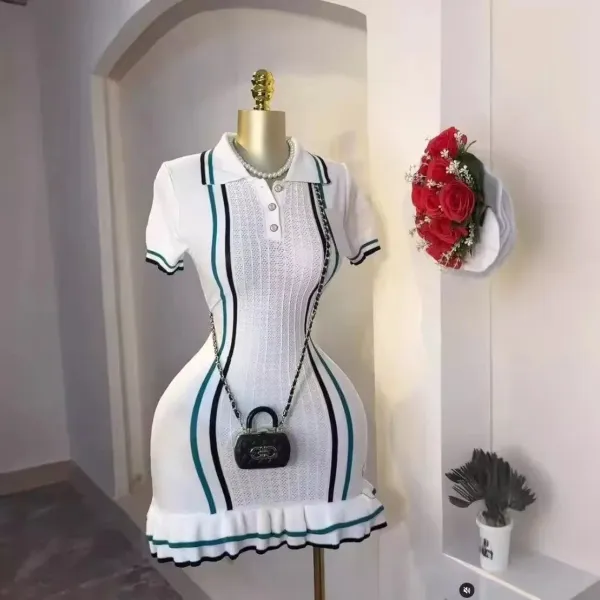 Design Knit Polo Dress with Vertical Stripes and Ruffle Hem White - 14