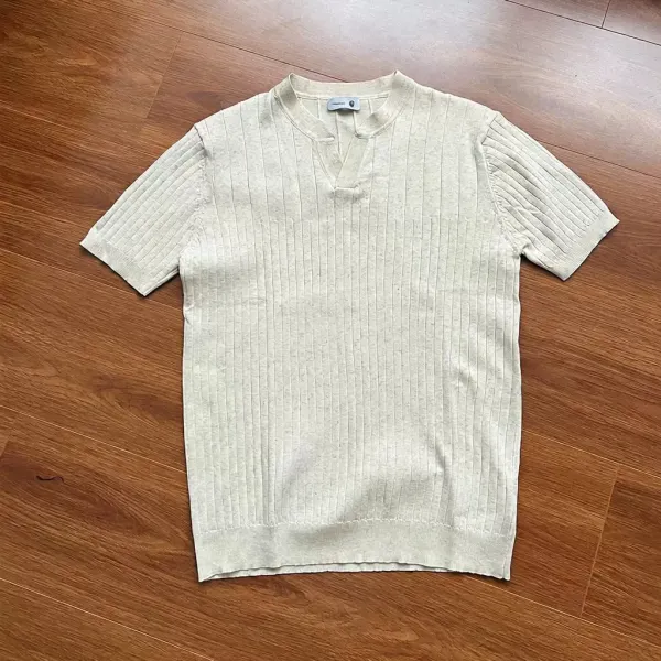 Design Ribbed Henley Knit T-Shirt Beige - 1