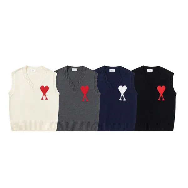 Ami Paris V-Neck Sweater Navy with Heart Knot Embroidery - 5