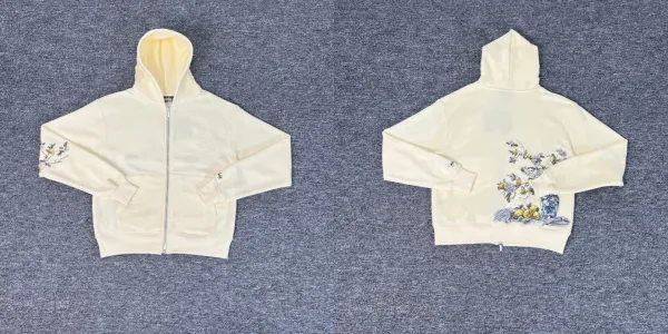 Design Floral Embroidered Zip-Up Hoodie Cream - 1