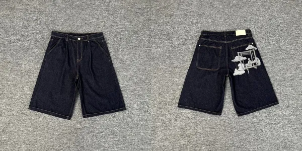 Design Denim Shorts with Embroidered Cloud Scene Dark Indigo Jeans - 1