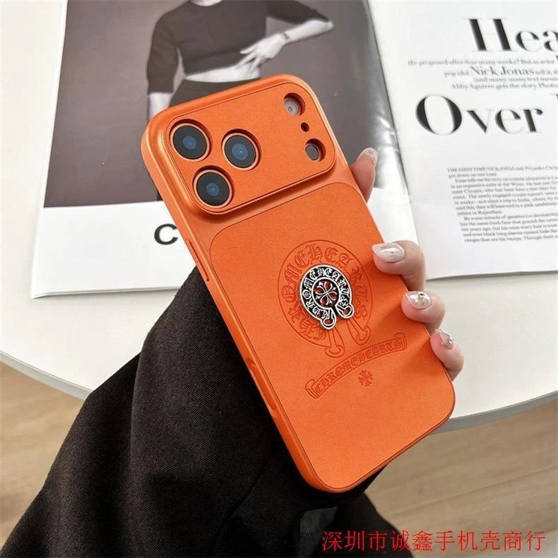 Chrome Hearts Orange Leather Phone Case with Cross Motif - 6
