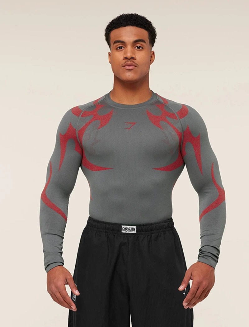 Gymshark Flame Print Long Sleeve Base Layer Gray Red - 24