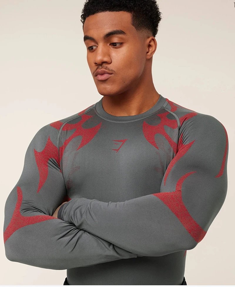 Gymshark Flame Print Long Sleeve Base Layer Gray Red - 25