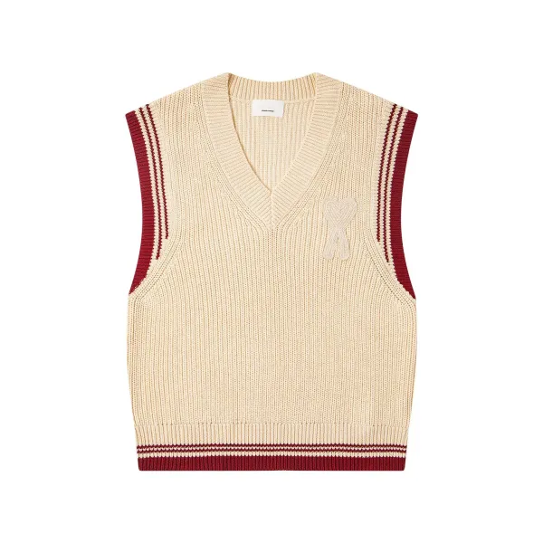 Acne Studios Knit Vest Beige with Burgundy Trim Vest-Top - 1