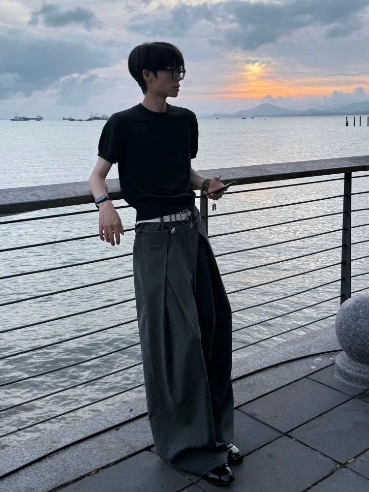 Design Wide-Leg Pinstripe Trousers with Embroidered Motif Gray Pants - 7