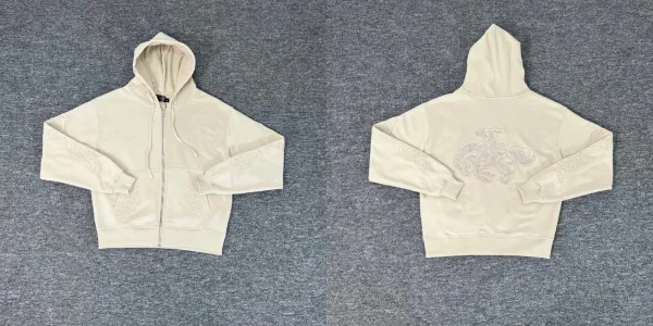 Design Embroidered Horse Motif Zip-Up Hoodie Beige - 1