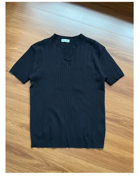 Design Ribbed Knit T-Shirt with Mandarin Collar Black - 13